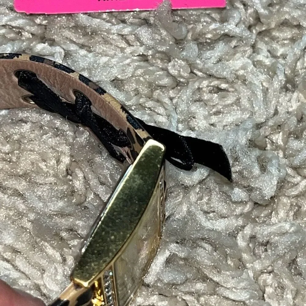 Betsey Johnson Large Square Faced Gold Tone Women’s Quartz Watch Cheetah Print B